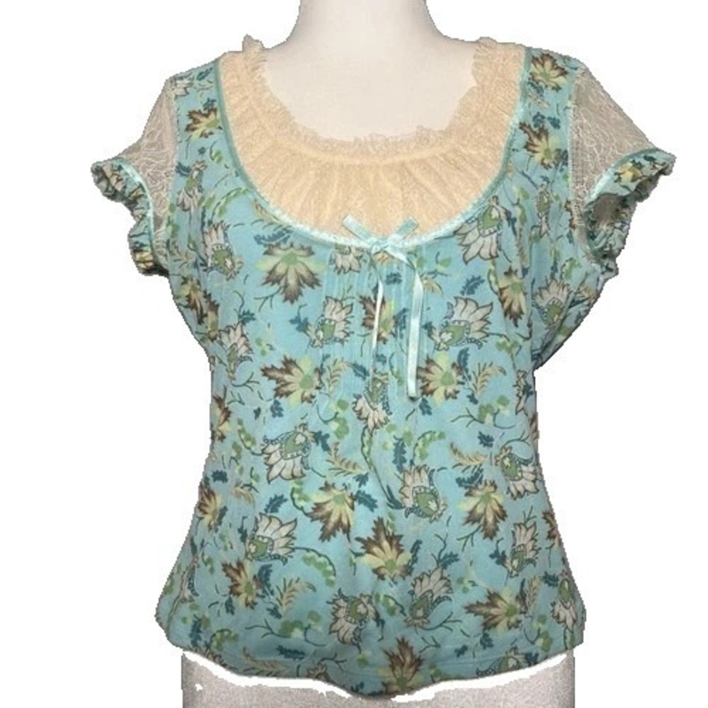 Cottagecore Vtg Womens Y2K Coquette Top XL Aqua Floral Ruffle Delicate Lace Bows